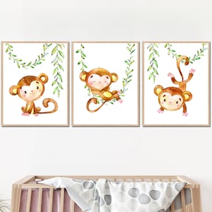 Juego de 3 impresiones artísticas de animales tropicales para decoración de pared de guardería de bebés y monos, pósteres de safari en la jungla, imágenes digitales para habitación de niños, niñas pequeñas