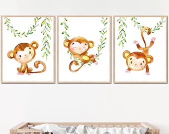 Monkey Baby Nursery Wall Decor Tropical Animals Art Print set of 3 Posters Jungle Safari Kids Room digital pictures toddler little girl