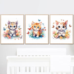 Láminas de arte de pared para guardería de gatitos, decoración de dormitorio de bebé, gato, flores, póster para niña y niño, juego de 3 imágenes, imprimibles digitales para niños