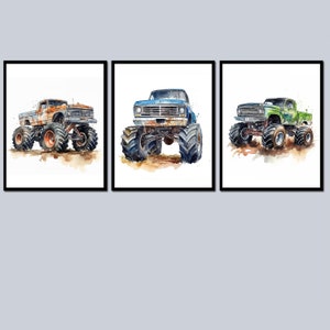 Stampe Monster Truck per neonati, decorazioni da parete per cameretta dei bambini, poster per cameretta dei bambini, set di 3 immagini per bambini, stampabili digitalmente, regalo per bambini piccoli su tela.
