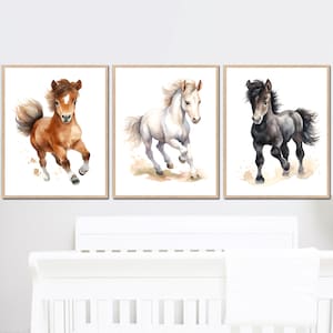 Stampe artistiche da parete per bambini con cavalli, decorazioni per la camera da letto delle bambine, poster per bambini, set di 3 stampe su tela, immagini di case digitali, immagini di case carine