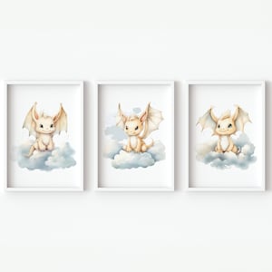 Decorazione murale con draghi neutri per la cameretta dei bambini, poster per la cameretta dei bambini, set di 3 immagini per bambini, acquerello digitale, piccolo bambino