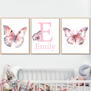 Schmetterling Wand Kunst Personalisierte Name Druck benutzerdefinierte Baby Kinderzimmer Dekor für Mädchen Kinder Schlafzimmer Aquarell 3er-Set Poster digitale Bilder