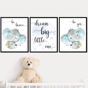 Sueña en grande sé valiente bebé niño vivero decoración cita pared arte conjunto de 3 niños elefante cartel lienzo imprimible niños dormitorio azul gris digital