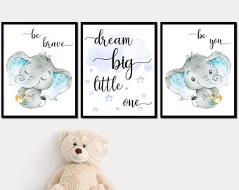 Dream big be brave Baby Boy Nursery Decor Quote Wall Art set of 3 Kids Elephant Poster Canvas Printable Children Room Blue Gray