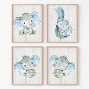 Baby Elephant Poster Wall Art Boy Nursery Decor Camera da letto per bambini Set di 4 immagini su tela stampabili digitali grigio blu