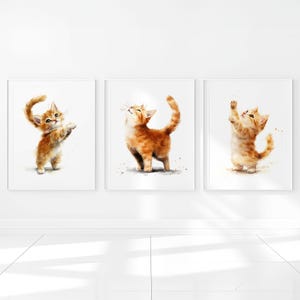 Arte de pared imprimible para guardería de gatitos, decoración para dormitorio de bebé, niña y niño, póster neutro, juego de 3 imágenes, regalo digital para niños pequeños