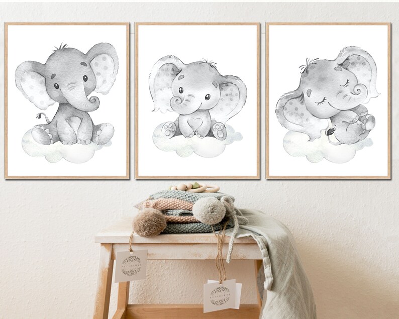 Elephant Wall Decoration Baby Boy Nursery Art Prints set of 3 for Kids Room Children posters Neutral Theme Printable digital gray image 3