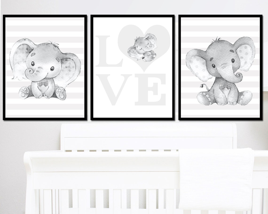 Elephant Print Art Baby Boy Nursery Wall Decor Neutral Poster Set of 3 ...