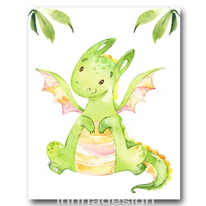 May include: A watercolor illustration of a green dragon with pink wings and a yellow belly. The dragon is sitting on its haunches with its wings spread out. There are green leaves in the background.