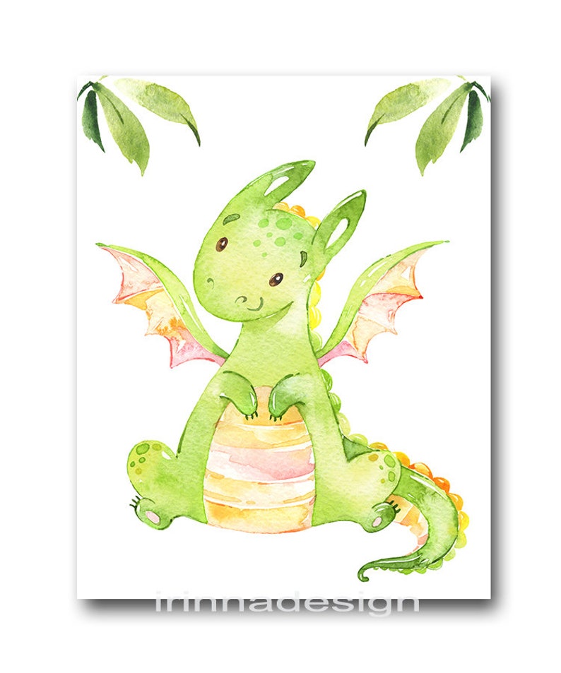 May include: A watercolor illustration of a green dragon with pink wings and a yellow belly. The dragon is sitting on its haunches with its wings spread out. There are green leaves in the background.