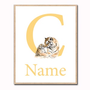 Mutter und Baby Vorname Art Initial Prints Personalisiertes Poster benutzerdefinierte Nautral Junge Mädchen Kinderzimmer Wand Dekor Tiger Gender Bilder digital