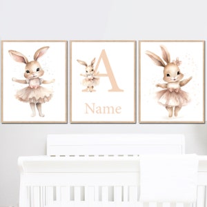 Ballerina Art Print personalisierte Name Baby Mädchen Hase individuell Kinderzimmer Wand Dekor tanzende Tiere 3er Set digitale Kind Poster Geschenke