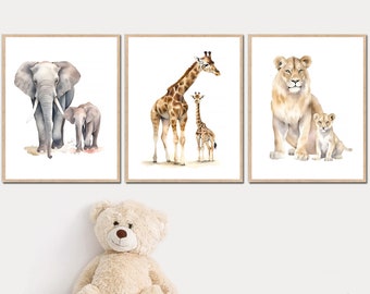 Safari Animals Bebês Mãe e Bebê Art Print Berçário Decoração de Parede Zoo Mom conjunto de 3 Aquarela Girafa Elefante Leão pôster digital para crianças