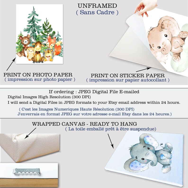 May include: A digital download of a watercolor illustration featuring a woodland scene with animals. The image is available in three formats: unframed print, sticker paper, and wrapped canvas. The text "If ordering: JPEG Digital File E-mailed" is included in the image.