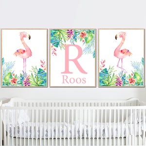 Personalizado nombre de la niña arte de la pared imprimible bebé vivero decoración flamenco tropical niño sala de juegos conjunto de 3 monograma carta inicial cartel digital pequeño