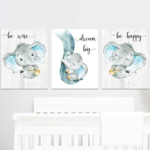 Decorazione Cameretta per bambini Ragazzo Asilo nido Citazioni Stampe artistiche Elefante Decorazione da parete Tema Set per bambini di 3 tele Grigio Blu Galleria sala giochi regalo digitale