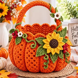 May include: A pumpkin-shaped crochet basket in vibrant orange yarn with a scalloped top edge and a sturdy handle. The basket is decorated with crocheted green leaves, red berries, small white flowers, and a large yellow sunflower with a brown center.