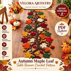 Puede incluir: Un camino de mesa de ganchillo con un diseño de rama central marrón adornado con hojas de arce multicolores en rojo, naranja, amarillo, verde y crema, acentuado con pequeñas bayas y bellotas, etiquetado como Autumn Maple Leaf Crochet Pattern.