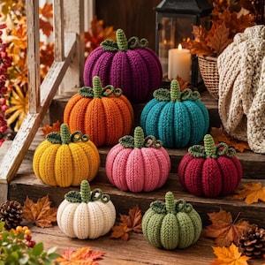 Puede incluir: Una colección de ocho calabazas tejidas a ganchillo en varios colores, incluyendo morado, naranja, azul verdoso, amarillo, rosa, rojo oscuro, blanco y verde. Cada calabaza presenta una textura acanalada y un tallo verde con un detalle de zarcillo.