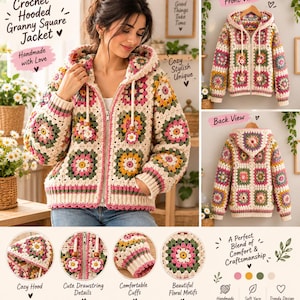 May include: A crochet hooded jacket featuring a multi-coloured granny square pattern in shades of pink, yellow, green, and cream. The jacket includes a front zip closure, a hood with drawstring ties, and ribbed cuffs at the sleeves and hem.