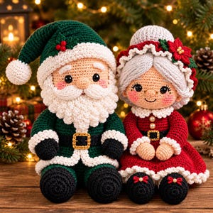 May include: Two handmade crochet dolls representing Santa Claus and Mrs. Claus. Santa wears a dark green suit with a white beard and hat. Mrs. Claus wears a red dress with a white bonnet and grey hair. Both figures feature black shoes and belts.