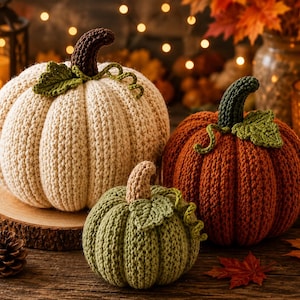 May include: Three crocheted pumpkins in varying sizes and colours. One large cream pumpkin with a dark brown stem, one medium orange pumpkin with a dark green stem, and one small sage green pumpkin with a light tan stem, each featuring crocheted leaves.