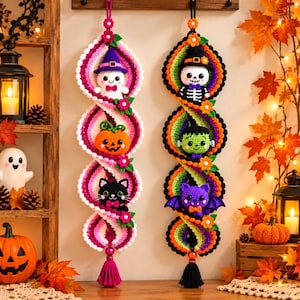 May include: Two vertical crochet wall hangings featuring Halloween characters. The left one has a white ghost, orange pumpkin, and black cat in pink and white spirals. The right one has a skeleton, green monster, and purple bat in orange and black spirals.