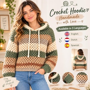 May include: A long-sleeve crochet hoodie featuring a multi-colored granny square pattern in shades of olive green, beige, and brown. The garment includes a hood with thick cream-colored drawstrings and ribbed cuffs. Text includes Crochet Hoodie.