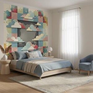 May include: A bedroom featuring a wall mural with a checkered pattern of pastel blue, pink, and yellow squares overlaid with layered 3D-style cloud cutouts. The room includes a wooden bed frame with blue bedding, a light-colored rug, and a blue armchair.