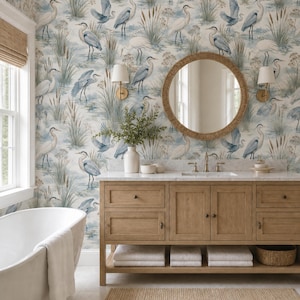Coastal Heron Wallpaper, Fog Blue Marsh Bird and Cattail Pattern for Bathrooms and Entryways
