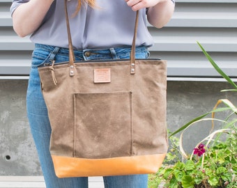 Waxed Canvas and Leather Purse - Canvas Shoulder Bag - Waxed Canvas and Leather Tote - Everyday Tote - Totebag