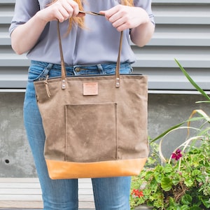 Waxed Canvas and Leather Purse - Canvas Shoulder Bag - Waxed Canvas and Leather Tote - Everyday Tote - Totebag