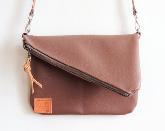 Leather Crossbody Bag - Leather Tote bag - Rose Brown Purse - Shoulder Bag - Crossbody - Foldover Bag with Zipper