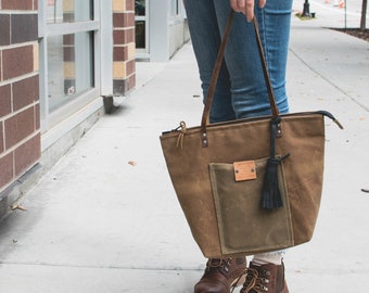 Waxed Canvas Purse - Brown Shoulder Bag - Waxed Canvas Bag - Waxed Canvas and Leather - Waxed Canvas Tote