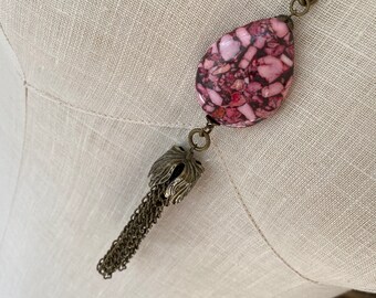 Teardrop Pink Stone and Tassel Necklace