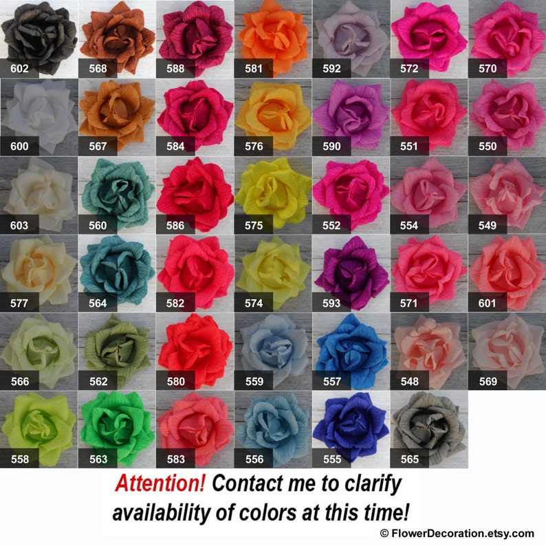 May include: A chart of 36 different colored paper roses, each with a number label. The roses are arranged in a grid of six rows and six columns. The colors include red, pink, orange, yellow, green, blue, purple, and white.