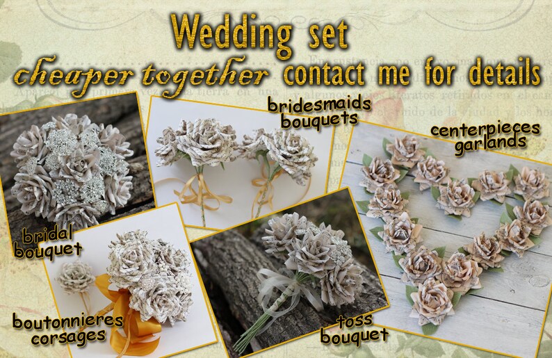 Puede incluir: Un conjunto de ramos de flores de papel para bodas, que incluye un ramo de novia, ramos de damas de honor, un ramo para lanzar, boutonnieres, corsages, centros de mesa y guirnaldas. Las flores est&aacute;n hechas de papel blanco y tienen un aspecto vintage.