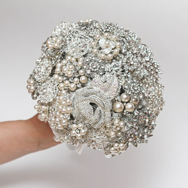 Bridal Wedding Brooch Bouquet, Teardrop Cascading Silver Gray Jeweled, Luxury Design, Pearl Rhinestone Crystal Wedding Brooch Bouquet