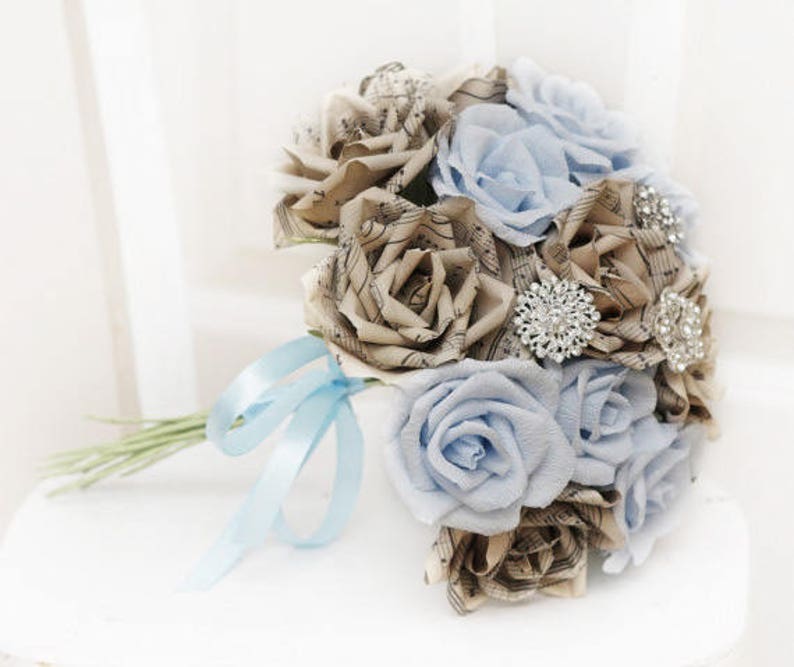 brooch bouquet, wedding bouquet, bridal bouquet, bridesmaids bouquet, paper flower bouquet, music paper bouquet, alternative bouquet image 1