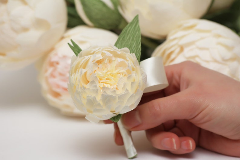 peony boutonniere, wedding flower, wedding peony, wedding decor, paper peonies, paper boutonniere, paper flower image 3