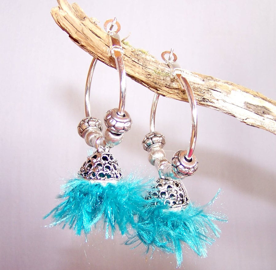 Ethnic style earrings Creole bells with pompoms turquoise and silver metal created Carolune