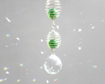 Feng Shui sun catcher, SPRINGS and green glass beads, 40 mm crystal ball, unique piece, decoration, well-being, rainbow