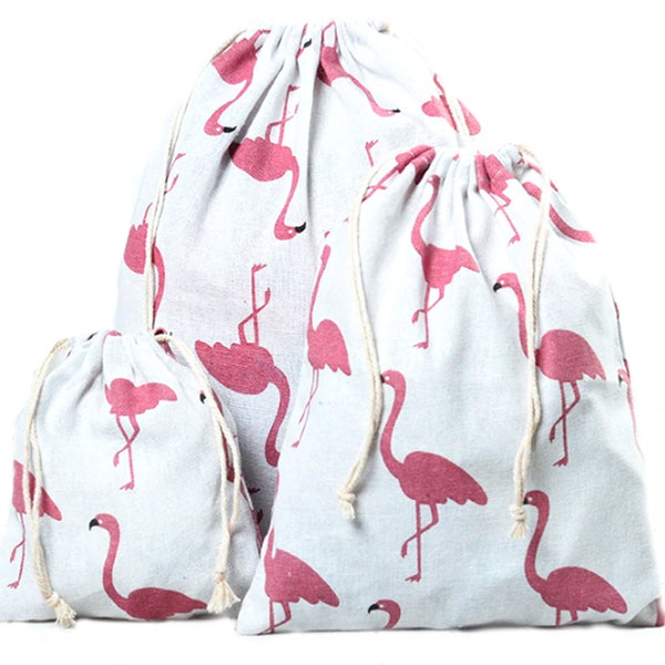 Pochette en coton pour vos emballages cadeaux petits sacs en tissu avec un motif flamands roses disponibles en plusieurs tailles