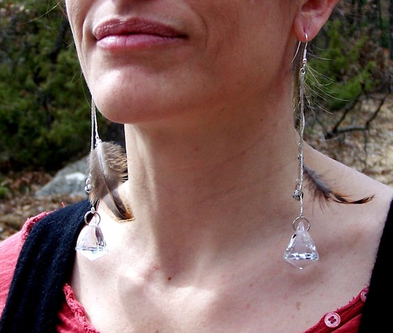 Attrape Soleil Long Suncatcher Earrings Mounted on 3 925 Silver Strings,  Feathers and Pearls 