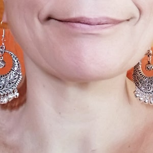 Long Crescent Moon earrings with bells and silver metal created by Carolune image 2