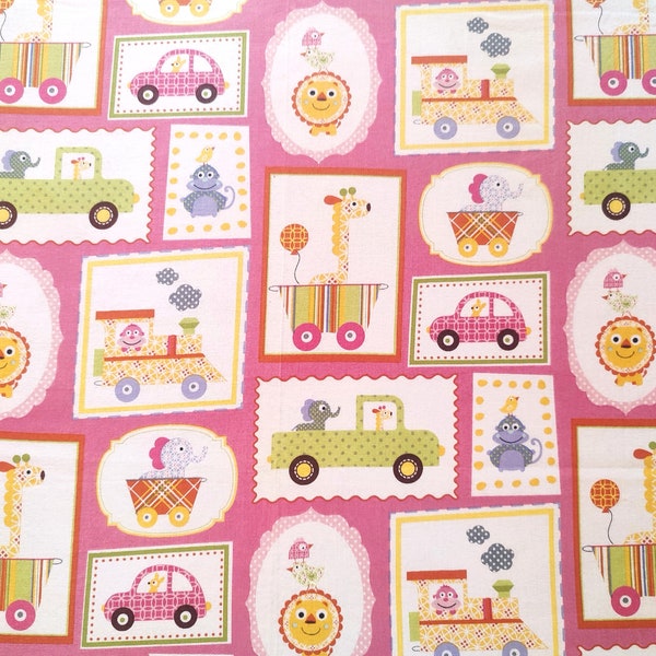 Coupon de tissu 100% coton 100 x 84 cm n motif "Circus" sur fond rose petits animaux rigolos DIY couture mode tissu enfant bébé déco chambre