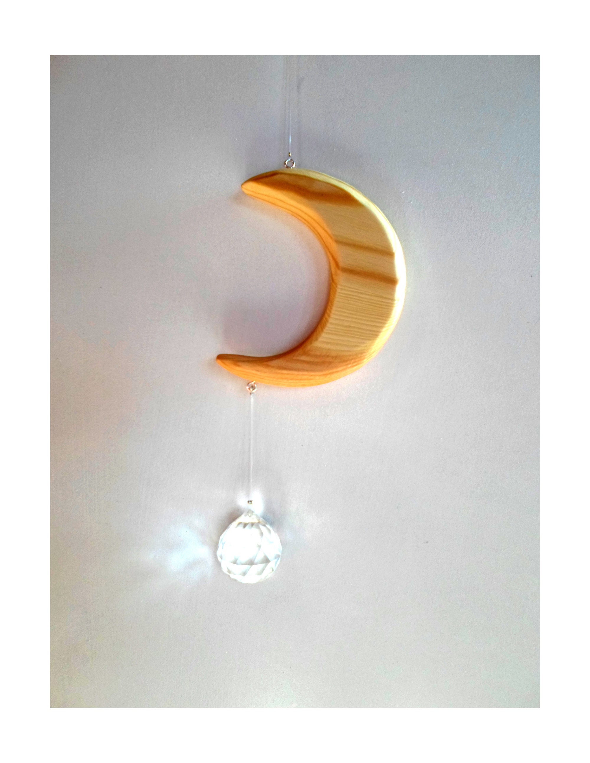 Attrape Soleil Lune en Bois 10 cm Boule Cristal 30 mm, de Récupération, à Suspendre Pour Illuminer V