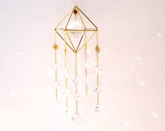 Octahedron sun catcher, small suns, crystals, gold and transparent, to hang to illuminate your home, feng shui suncatcher,