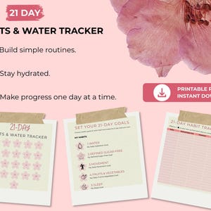 Könnte beinhalten: Ein 21-Tage-Gewohnheits- und Wassertracker als druckbares PDF mit hellrosa Hintergrund und floralen Akzenten. Das Dokument enthält ein Raster zur Gewohnheitsverfolgung, eine Seite zur Zielsetzung und ein tägliches Fortschrittsdiagramm.